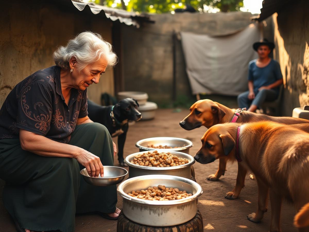 Dona Lurdes alimentando os cães resgatados